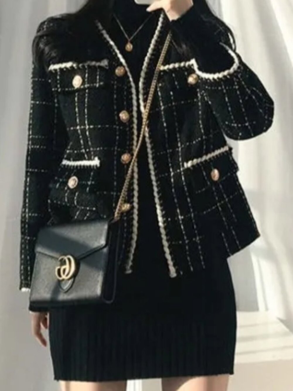 KOREAN Tantelion V-Neck Contrast Trim Black Tweed Button Jacket M